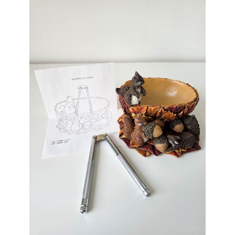 Vintage Squirrel Nut Bowl with Metal Nutcracker Autumn Leaf Acorn Decor